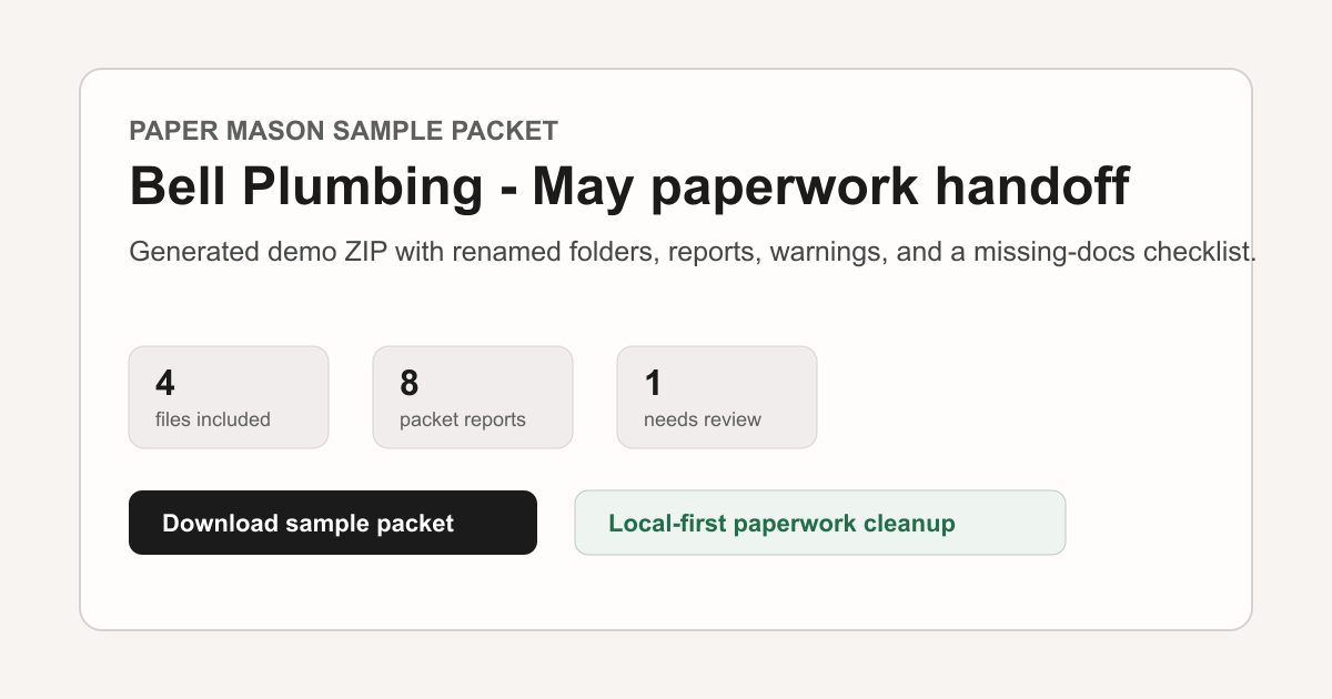 Paper Mason sample packet preview showing files included, packet reports, and one item needing review.